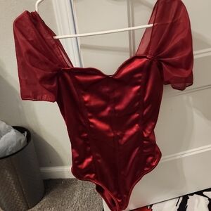 SHEIN Red Satin Puff Sleeve Bodysuit